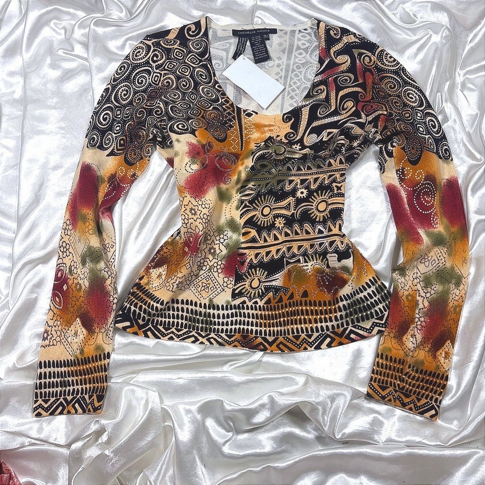 y2k Michelle Nicole Top Multi NWT Tribal Beaded Geometric Long Sleeve Small